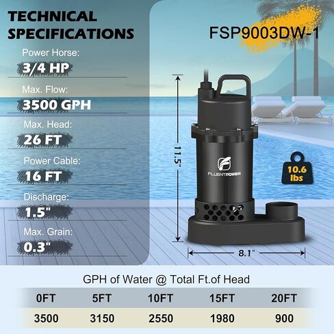 مضخة مستنقع غاطسة FLUENTPOWER 3/4HP 3500GPH، مع مفتاح تعويم عمودي على الظهر وسلك 10 بوصات، مضخة مياه الصرف الصحي المحمولة من الألومنيوم المصبوب الكهربائية لحوض السباحة في الطابق السفلي، حوض بركة، أسود in Kuwait
