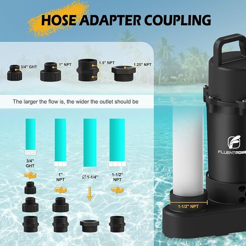 مضخة مستنقع غاطسة FLUENTPOWER 3/4HP 3500GPH، مع مفتاح تعويم عمودي على الظهر وسلك 10 بوصات، مضخة مياه الصرف الصحي المحمولة من الألومنيوم المصبوب الكهربائية لحوض السباحة في الطابق السفلي، حوض بركة، أسود in Kuwait