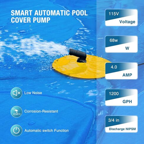 Crestwave Automatic Pool Cover Pump, 115V Submersible Water Pump for Pool Draining, 25FT Power Cord, 1-Year Warranty, Water Removal for Swimming Pool, Hot Tub, Fish Tanks, Pond, 2 Adapters, Yellow in Kuwait