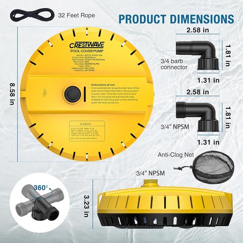 Crestwave Automatic Pool Cover Pump, 115V Submersible Water Pump for Pool Draining, 25FT Power Cord, 1-Year Warranty, Water Removal for Swimming Pool, Hot Tub, Fish Tanks, Pond, 2 Adapters, Yellow in Kuwait