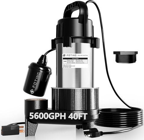 FOTING 1HP 5600 GPH 40FT مضخة مستنقع غاطسة مياه الصرف الصحي/مضخة النفايات السائلة - حديد الزهر عالي التحمل أوتوماتيكي/يدوي - مضخة الصرف الصحي 115 فولت لحوض الحوض/السكنية/الصرف الصحي/الطابق السفلي، 2 بوصة NPT، أسود in Kuwait