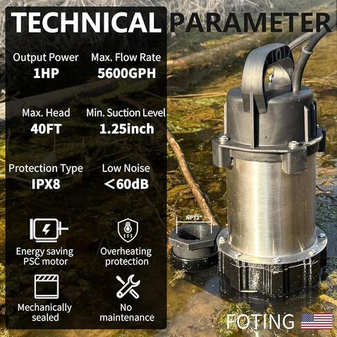 FOTING 1HP 5600 GPH 40FT مضخة مستنقع غاطسة مياه الصرف الصحي/مضخة النفايات السائلة - حديد الزهر عالي التحمل أوتوماتيكي/يدوي - مضخة الصرف الصحي 115 فولت لحوض الحوض/السكنية/الصرف الصحي/الطابق السفلي، 2 بوصة NPT، أسود in Kuwait