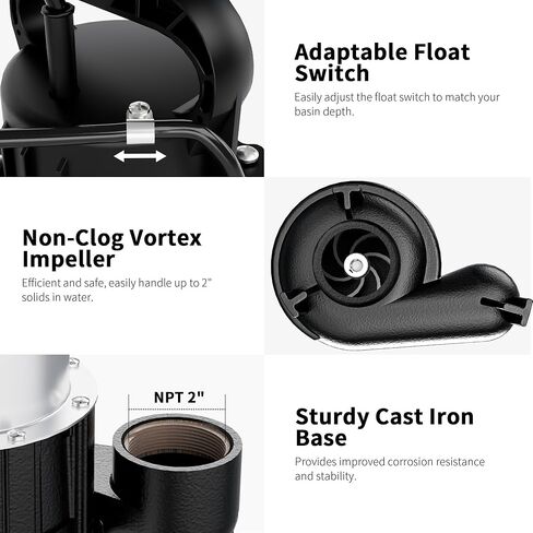 FOTING 1HP 5600 GPH 40FT مضخة مستنقع غاطسة مياه الصرف الصحي/مضخة النفايات السائلة - حديد الزهر عالي التحمل أوتوماتيكي/يدوي - مضخة الصرف الصحي 115 فولت لحوض الحوض/السكنية/الصرف الصحي/الطابق السفلي، 2 بوصة NPT، أسود in Kuwait