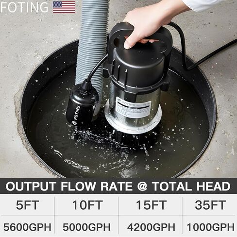 FOTING 1HP 5600 GPH 40FT مضخة مستنقع غاطسة مياه الصرف الصحي/مضخة النفايات السائلة - حديد الزهر عالي التحمل أوتوماتيكي/يدوي - مضخة الصرف الصحي 115 فولت لحوض الحوض/السكنية/الصرف الصحي/الطابق السفلي، 2 بوصة NPT، أسود in Kuwait