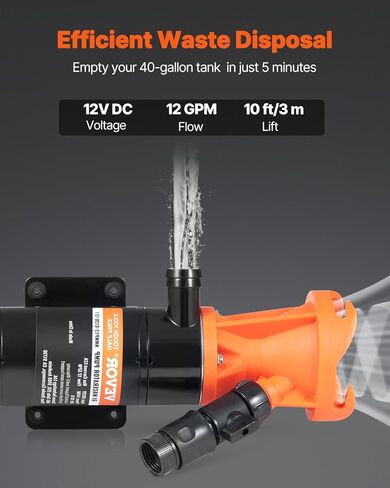 VEVOR 12V RV Macerator Pump, 12GPM, Portable RV Waste Pump, Quick Release Sewage Pumps with Garden Hose & Clamps, 7ft Power Cord, 10ft Lift, Automatic Manual Crushing Function, for Boat Camper Marine in Saudi Arabia