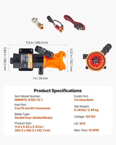 VEVOR 12V RV Macerator Pump, 12GPM, Portable RV Waste Pump, Quick Release Sewage Pumps with Garden Hose & Clamps, 7ft Power Cord, 10ft Lift, Automatic Manual Crushing Function, for Boat Camper Marine in Saudi Arabia