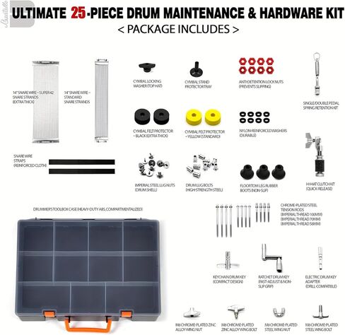 مجموعة ملحقات الطبلة مع حقيبة حمل - 71 قطعة من قطع غيار وأدوات الطبول البديلة لقارعي الطبول - تتضمن مفاتيح الطبلة، وقابض القبعة العالية، وسلك كمين، ولباد الصنج، ومسامير - حقيبة جاهزة للحفلة in Kuwait