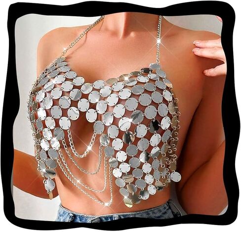 Aukmla Sequin Bra Body Chain Top Silver Halter Crop Tops Beach Bikini Chest Chains for Women in Saudi Arabia