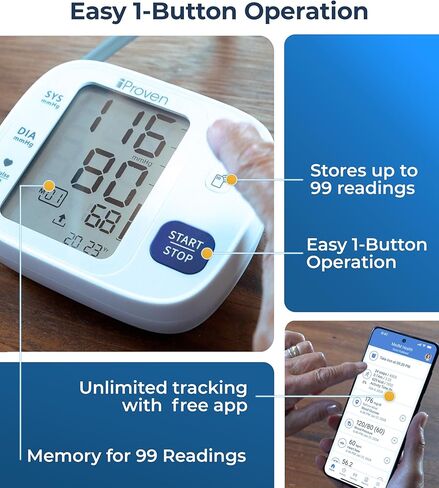 جهاز مراقبة ضغط الدم iProven بتقنية البلوتوث للاستخدام المنزلي - الذراع العلوي مع تكامل التطبيق، عملية سهلة الاستخدام بلمسة واحدة، وشاشة كبيرة للمراقبة المريحة. in Kuwait