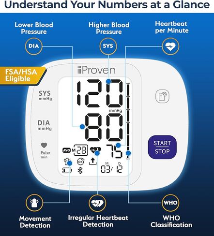 جهاز مراقبة ضغط الدم iProven بتقنية البلوتوث للاستخدام المنزلي - الذراع العلوي مع تكامل التطبيق، عملية سهلة الاستخدام بلمسة واحدة، وشاشة كبيرة للمراقبة المريحة. in Kuwait