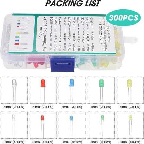 2-Pin Diffused Light Emitting Diodes Set 300Pcs Electronic Components Kit for DIY Projects Home Electronics Prototyping Repairing Work in Kuwait