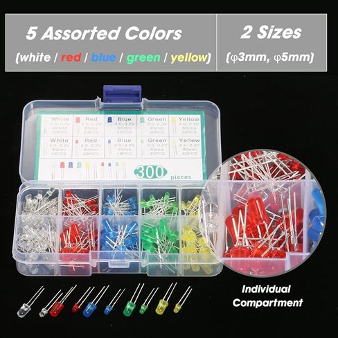 2-Pin Diffused Light Emitting Diodes Set 300Pcs Electronic Components Kit for DIY Projects Home Electronics Prototyping Repairing Work in Kuwait