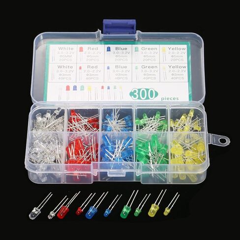 2-Pin Diffused Light Emitting Diodes Set 300Pcs Electronic Components Kit for DIY Projects Home Electronics Prototyping Repairing Work in Kuwait