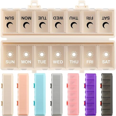 Foldable Pill Organizer Weekly 2 Times a Day, 7 Day Portable AM PM Travel Pill Case with Black&White Labels, Dual-Protection Daily Medicine Box, Large Pill Container for Vitamin/Supplement-Khaki in Kuwait