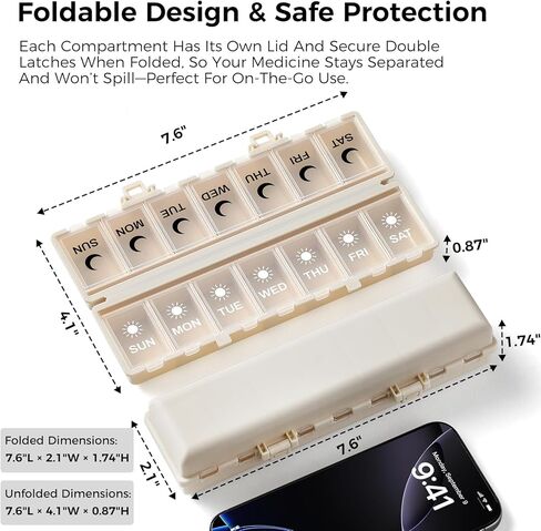 Foldable Pill Organizer Weekly 2 Times a Day, 7 Day Portable AM PM Travel Pill Case with Black&White Labels, Dual-Protection Daily Medicine Box, Large Pill Container for Vitamin/Supplement-Khaki in Kuwait