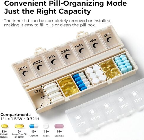 Foldable Pill Organizer Weekly 2 Times a Day, 7 Day Portable AM PM Travel Pill Case with Black&White Labels, Dual-Protection Daily Medicine Box, Large Pill Container for Vitamin/Supplement-Khaki in Kuwait