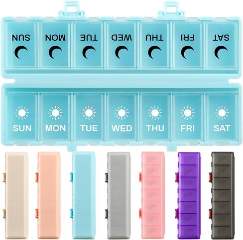 Foldable Pill Organizer Weekly 2 Times a Day, 7 Day Portable AM PM Travel Pill Case with Black&White Labels, Dual-Protection Daily Medicine Box, Large Pill Container for Vitamin/Supplement-Khaki in Kuwait