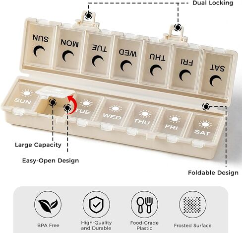 Foldable Pill Organizer Weekly 2 Times a Day, 7 Day Portable AM PM Travel Pill Case with Black&White Labels, Dual-Protection Daily Medicine Box, Large Pill Container for Vitamin/Supplement-Khaki in Kuwait