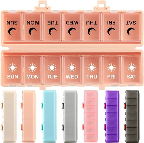 Foldable Pill Organizer Weekly 2 Times a Day, 7 Day Portable AM PM Travel Pill Case with Black&White Labels, Dual-Protection Daily Medicine Box, Large Pill Container for Vitamin/Supplement-Khaki in Kuwait
