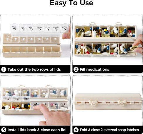Foldable Pill Organizer Weekly 2 Times a Day, 7 Day Portable AM PM Travel Pill Case with Black&White Labels, Dual-Protection Daily Medicine Box, Large Pill Container for Vitamin/Supplement-Khaki in Kuwait