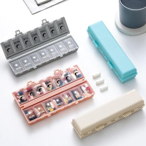 Foldable Pill Organizer Weekly 2 Times a Day, 7 Day Portable AM PM Travel Pill Case with Black&White Labels, Dual-Protection Daily Medicine Box, Large Pill Container for Vitamin/Supplement-Khaki in Kuwait