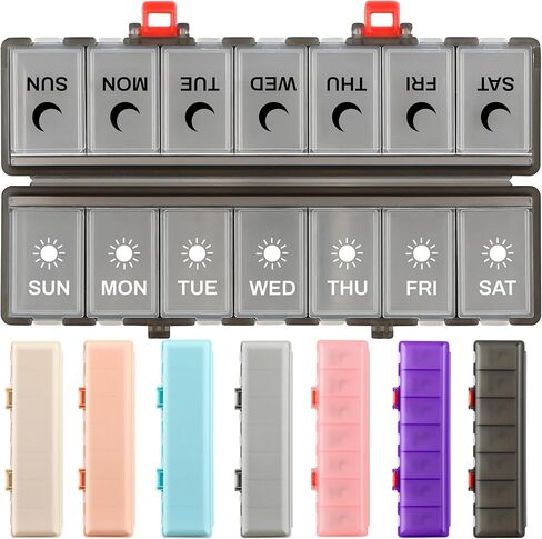 Foldable Pill Organizer Weekly 2 Times a Day, 7 Day Portable AM PM Travel Pill Case with Black&White Labels, Dual-Protection Daily Medicine Box, Large Pill Container for Vitamin/Supplement-Khaki in Kuwait