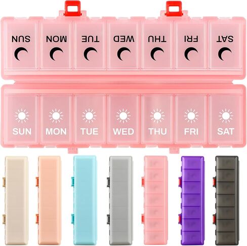 Foldable Pill Organizer Weekly 2 Times a Day, 7 Day Portable AM PM Travel Pill Case with Black&White Labels, Dual-Protection Daily Medicine Box, Large Pill Container for Vitamin/Supplement-Khaki in Kuwait
