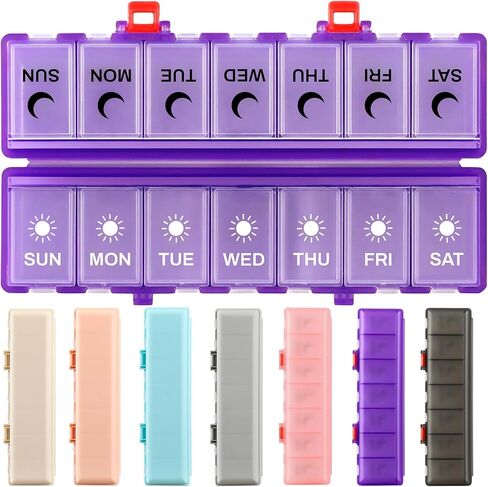 Foldable Pill Organizer Weekly 2 Times a Day, 7 Day Portable AM PM Travel Pill Case with Black&White Labels, Dual-Protection Daily Medicine Box, Large Pill Container for Vitamin/Supplement-Khaki in Kuwait