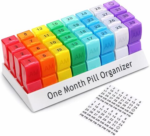 Monthly Pill Organizer 2 Times a Day, 30 Day Pill Box AM PM for Small Pill, 31 Day Vitamin & Medication Organizer with Removable Daily Compartments, DIY Number Labels, Portable Travel Pill Case in Kuwait