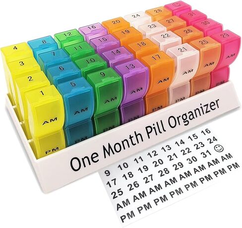 Monthly Pill Organizer 2 Times a Day, 30 Day Pill Box AM PM for Small Pill, 31 Day Vitamin & Medication Organizer with Removable Daily Compartments, DIY Number Labels, Portable Travel Pill Case in Saudi Arabia