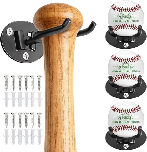 حامل مضرب بيسبول عالي التحمل - حامل جداري احترافي للخفافيش الموقعة، فولاذ مقاوم للصدأ قوي مع مسامير توسيع، مقبض مانع للانزلاق، يحمل مضارب خشبية/معدنية - عرض كهف ومخبأ للرجال (4 عبوات) in Kuwait