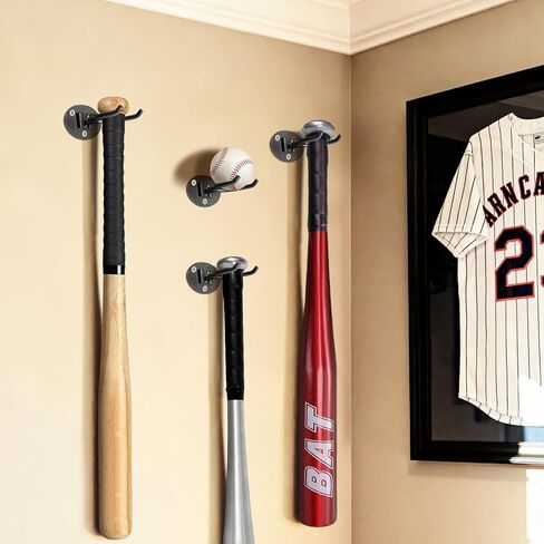 حامل مضرب بيسبول عالي التحمل - حامل جداري احترافي للخفافيش الموقعة، فولاذ مقاوم للصدأ قوي مع مسامير توسيع، مقبض مانع للانزلاق، يحمل مضارب خشبية/معدنية - عرض كهف ومخبأ للرجال (4 عبوات) in Kuwait