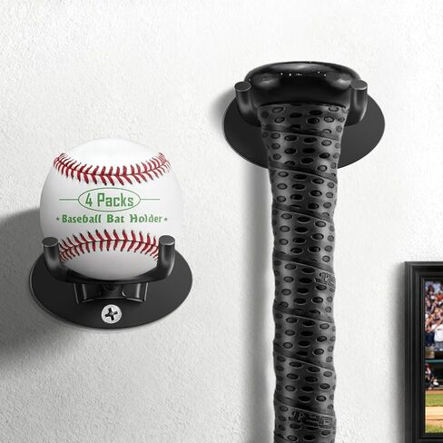 حامل مضرب بيسبول عالي التحمل - حامل جداري احترافي للخفافيش الموقعة، فولاذ مقاوم للصدأ قوي مع مسامير توسيع، مقبض مانع للانزلاق، يحمل مضارب خشبية/معدنية - عرض كهف ومخبأ للرجال (4 عبوات) in Kuwait
