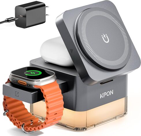 Kpon for iPhone Nightstand Charging Station ، 15W 3 in 1 Starger Starge مع مصباح ليلي ، طي قابلة للطي Magsafe Dock لـ iPhone 16 15 14 13 12 12 سلسلة/Apple Watch/Airpods/Samsung Phone in Kuwait