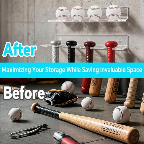 Acrylic Baseball Bat Holder and Baseball Display Wall Mount Floating Shelf, Vertical Hanging Organizer 4 Sets of Baseballs and Bats (Clear) in Kuwait
