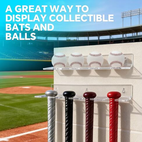 Acrylic Baseball Bat Holder and Baseball Display Wall Mount Floating Shelf, Vertical Hanging Organizer 4 Sets of Baseballs and Bats (Clear) in Kuwait