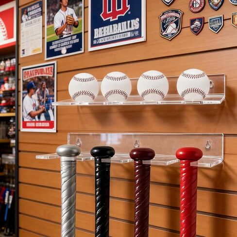 Acrylic Baseball Bat Holder and Baseball Display Wall Mount Floating Shelf, Vertical Hanging Organizer 4 Sets of Baseballs and Bats (Clear) in Kuwait