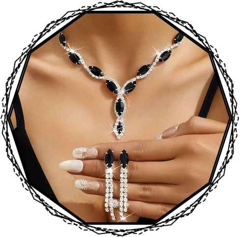 Brishow Rhinestone Bridal Jewelry Set Blue Crystal Prom Jewelry Silver Sparkling Wedding Necklace and Earrings for Women in Kuwait