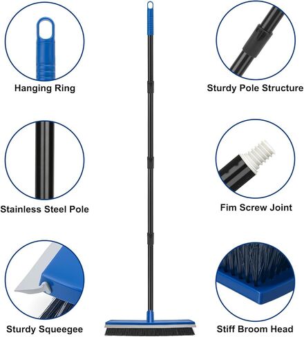 16 Inch 2-in-1 Squeegee Push Broom Outdoor Deck Brush 58" Long Handle for Patio Garage Warehouse Driveway Concrete Floor Cleaning Scrubbing(Blue) in Saudi Arabia