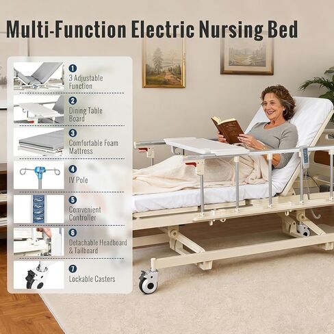 𝟐𝟎𝟐𝟔 𝐏𝐫𝐞𝐦𝐢𝐮𝐦 4 Function Full Electric Hospital Bed, ICU Medical Bed with Waterproof Foam Mattress, Adjustable IV Pole, Dining Bord, 550LBS Capacity Hospital Beds for Home Use in Saudi Arabia