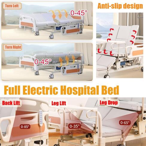 10-Function Full Electric Hospital Bed for Home Use with Lateral Tilting, 18"–29" Height Range Hospital Bed with Mattress, Side Rails, Bedpan, Locking Casters, IV Pole & Dining Table, 550lbs Capacity in Saudi Arabia