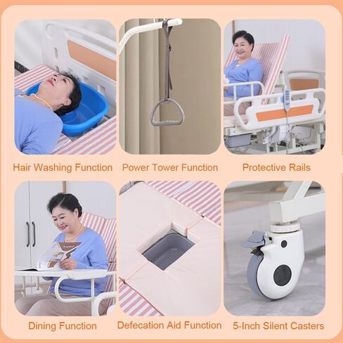10-Function Full Electric Hospital Bed for Home Use with Lateral Tilting, 18"–29" Height Range Hospital Bed with Mattress, Side Rails, Bedpan, Locking Casters, IV Pole & Dining Table, 550lbs Capacity in Saudi Arabia