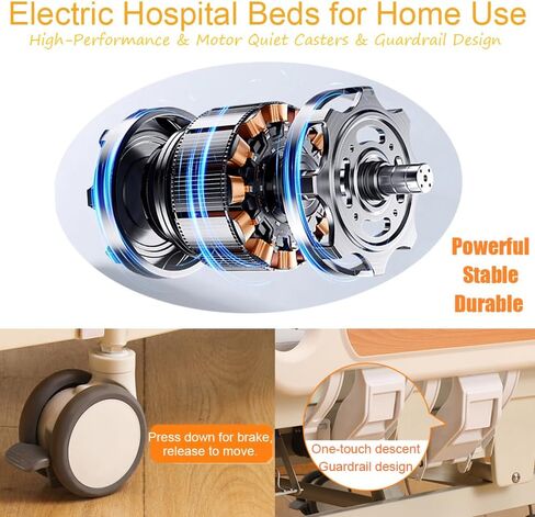 10-Function Full Electric Hospital Bed for Home Use with Lateral Tilting, 18"–29" Height Range Hospital Bed with Mattress, Side Rails, Bedpan, Locking Casters, IV Pole & Dining Table, 550lbs Capacity in Saudi Arabia