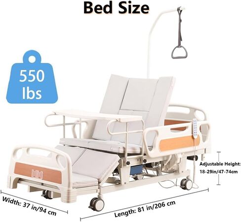10-Function Full Electric Hospital Bed for Home Use with Lateral Tilting, 18"–29" Height Range Hospital Bed with Mattress, Side Rails, Bedpan, Locking Casters, IV Pole & Dining Table, 550lbs Capacity in Saudi Arabia