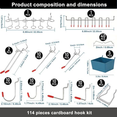 مجموعة تنظيم Pegboard من Craft Room - 114 قطعة من خطافات Pegboard المعدنية وملحقاتها مع صناديق، وحاملات أدوات لـ Pegboard 1/6" و1/8" | منظمة تخزين ورشة المرآب in Kuwait