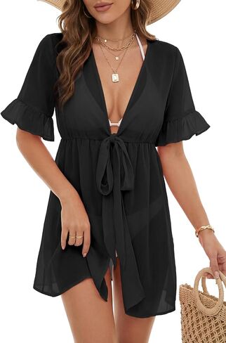 LYANER Women's V Neck Flounce Half Sleeve Tie Knot Front Coverup Beach Cardigan Blouse in Saudi Arabia