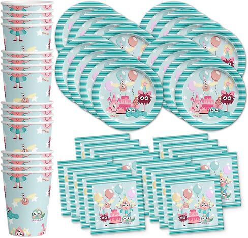Unicorns & Dinos Joint Birthday Party Supplies Set Plates Napkins Cups Tableware Kit for 16 in Kuwait