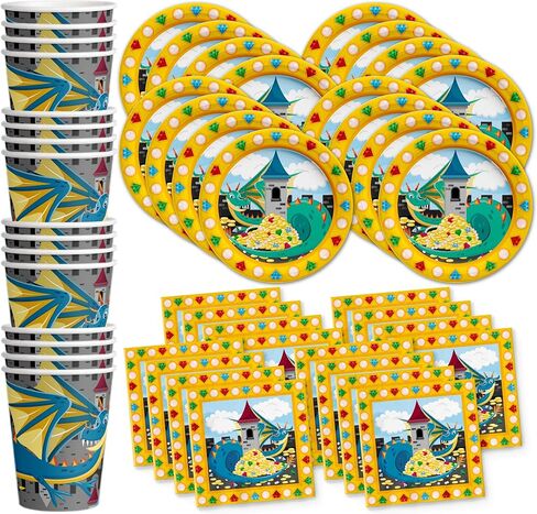 Unicorns & Dinos Joint Birthday Party Supplies Set Plates Napkins Cups Tableware Kit for 16 in Kuwait