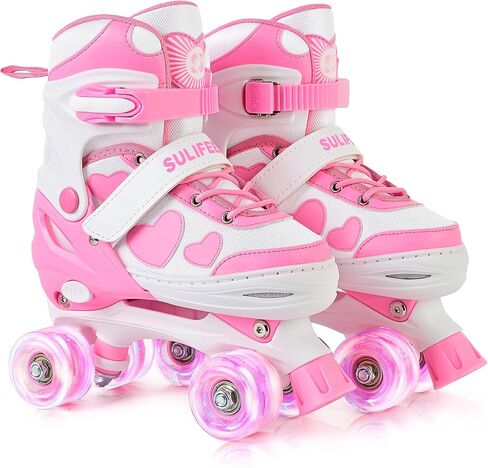 SULIFEEL Love Hearts 4 Size Adjustable Kids Roller Skates for Ages 3-12 Girls with Fluffy Pom-Poms,Light-Up Wheels & Triple Support Grow with Your Children Birthday Gift for Indoor Outdoor Sports in Kuwait