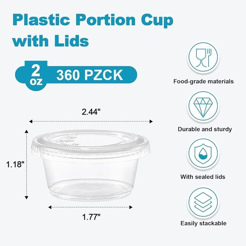Lamosi 360 Set 2 oz Jello Shot Cups with Lids, Small Plastic Food Portion Condiment Cups with Lids, Food Safe Disposable Soufflé Storage Containers for Salad, Dressing, Sauce, Dipping, Snacks in Kuwait